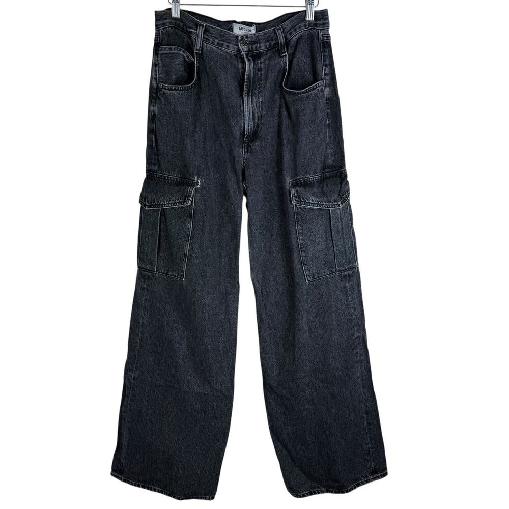 AGOLDE Minka Cargo‎ Jeans Pant High Rise Wide Leg Black Denim Casual 27 Zipper
